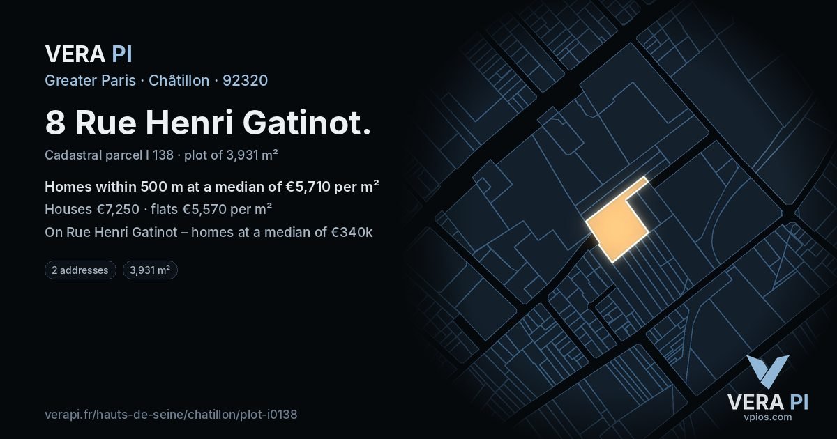 8 Rue Henri Gatinot, Châtillon at night – the plot lit, the parcels around coloured by the prices near them