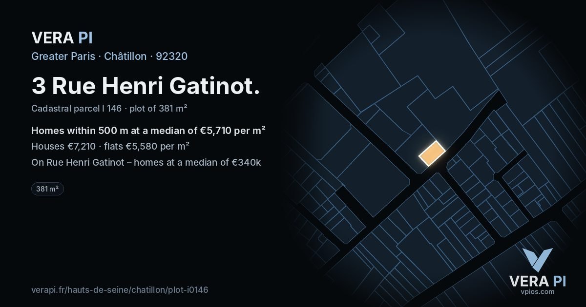 3 Rue Henri Gatinot, Châtillon at night – the plot lit, the parcels around coloured by the prices near them