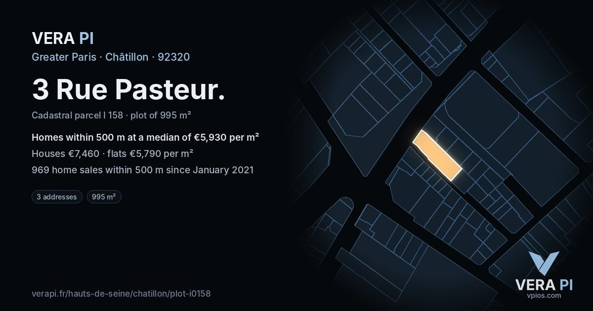3 Rue Pasteur, Châtillon at night – the plot lit, the parcels around coloured by the prices near them