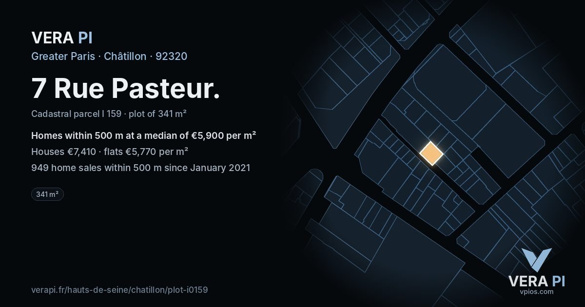 7 Rue Pasteur, Châtillon at night – the plot lit, the parcels around coloured by the prices near them
