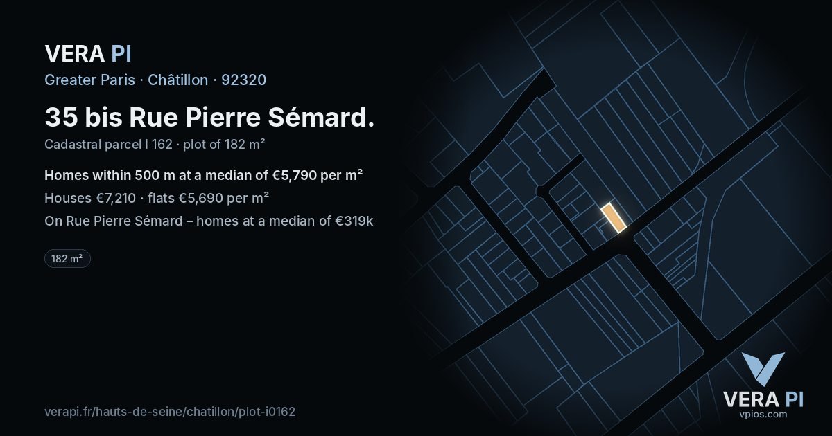 35 bis Rue Pierre Sémard, Châtillon at night – the plot lit, the parcels around coloured by the prices near them