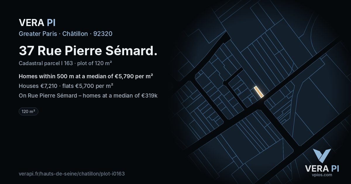 37 Rue Pierre Sémard, Châtillon at night – the plot lit, the parcels around coloured by the prices near them