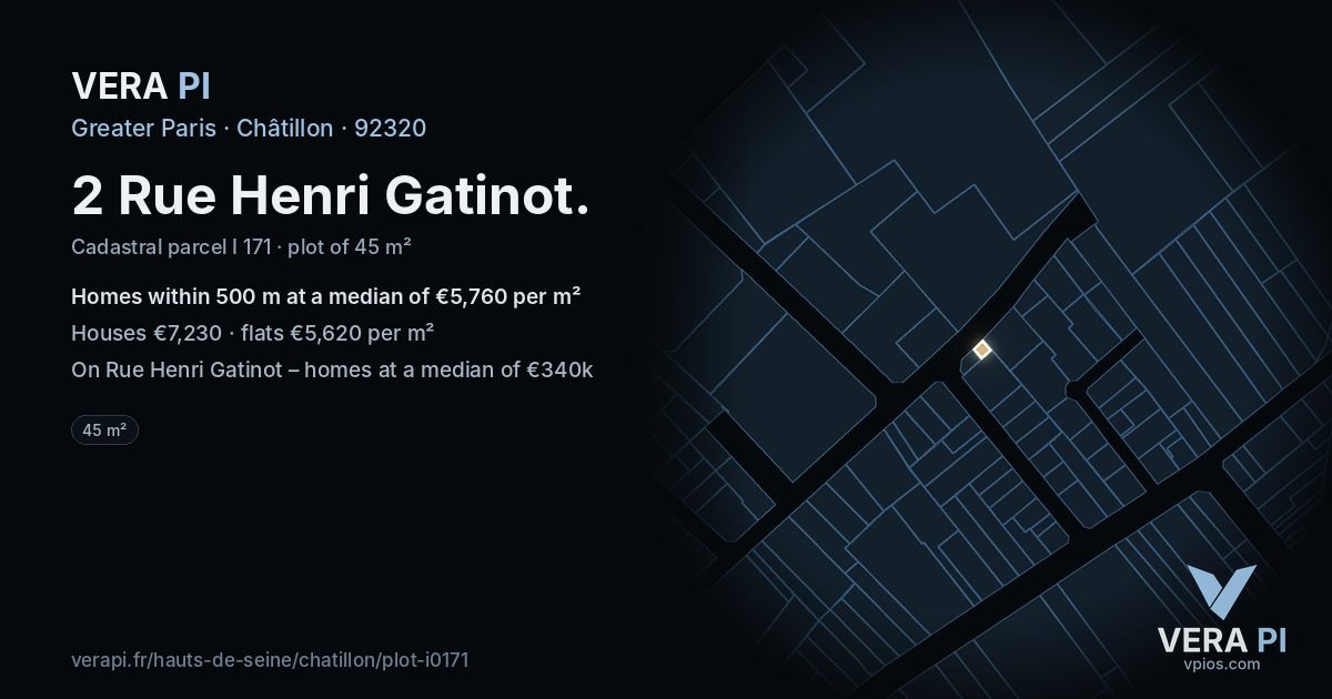 2 Rue Henri Gatinot, Châtillon at night – the plot lit, the parcels around coloured by the prices near them
