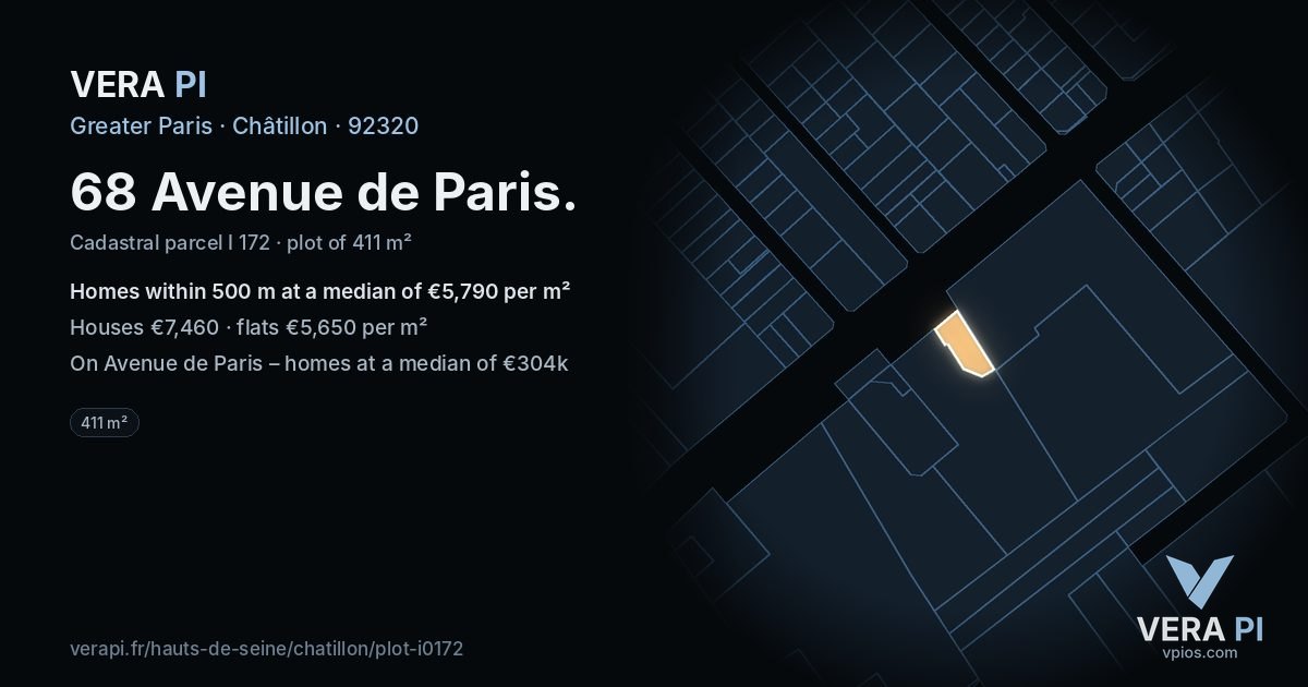 68 Avenue de Paris, Châtillon at night – the plot lit, the parcels around coloured by the prices near them