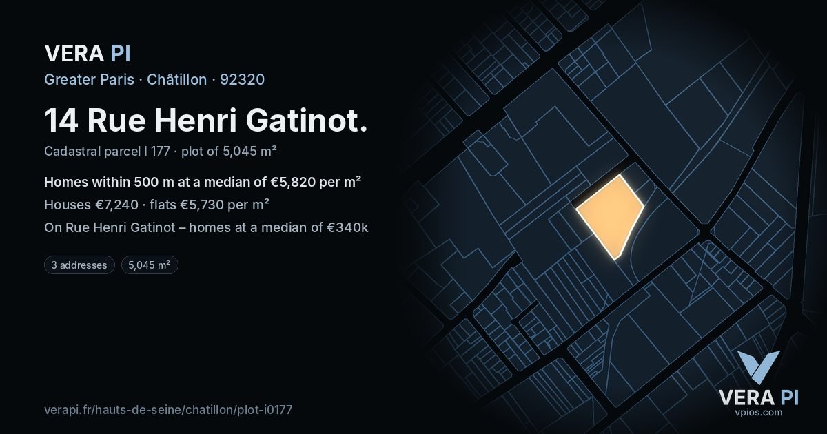 14 Rue Henri Gatinot, Châtillon at night – the plot lit, the parcels around coloured by the prices near them