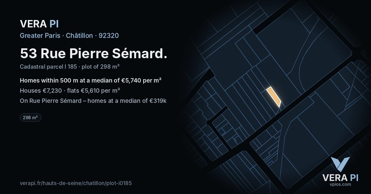 53 Rue Pierre Sémard, Châtillon at night – the plot lit, the parcels around coloured by the prices near them