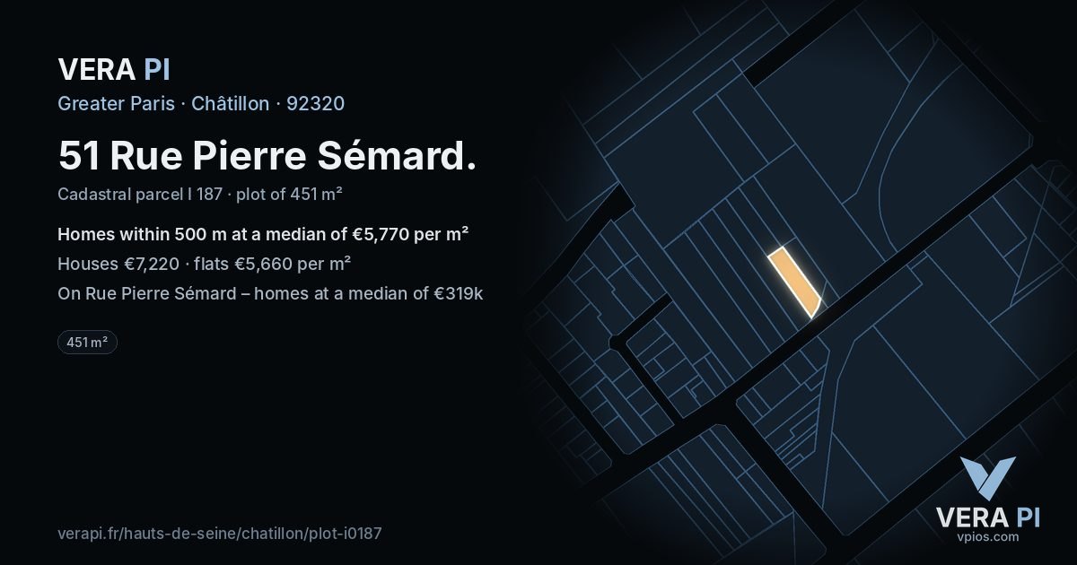 51 Rue Pierre Sémard, Châtillon at night – the plot lit, the parcels around coloured by the prices near them