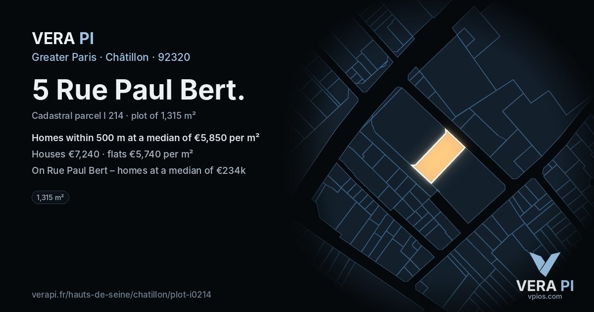 5 Rue Paul Bert, Châtillon at night – the plot lit, the parcels around coloured by the prices near them