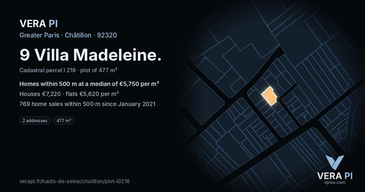 9 Villa Madeleine, Châtillon at night – the plot lit, the parcels around coloured by the prices near them