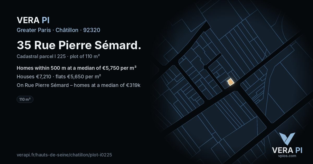 35 Rue Pierre Sémard, Châtillon at night – the plot lit, the parcels around coloured by the prices near them