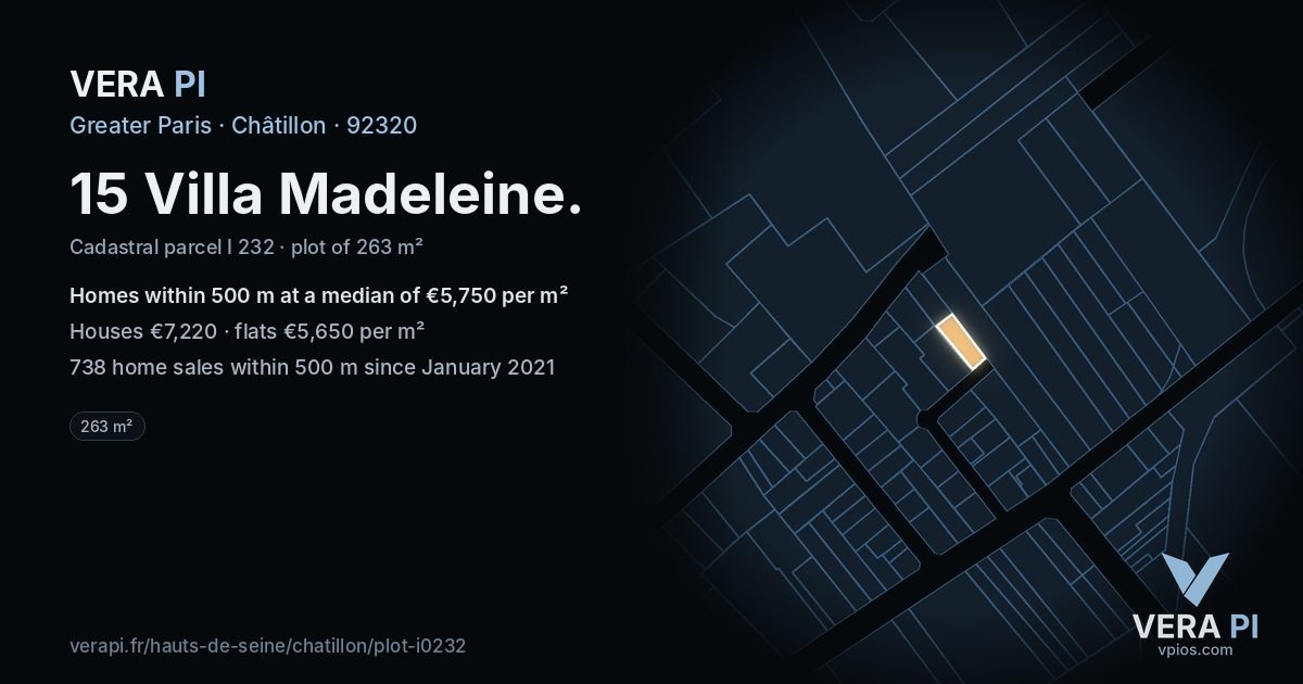 15 Villa Madeleine, Châtillon at night – the plot lit, the parcels around coloured by the prices near them