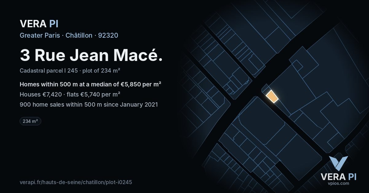 3 Rue Jean Macé, Châtillon at night – the plot lit, the parcels around coloured by the prices near them