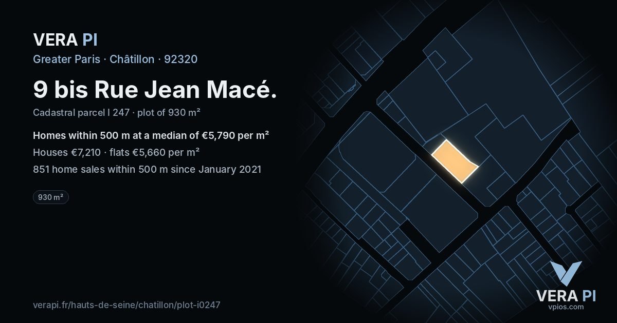 9 bis Rue Jean Macé, Châtillon at night – the plot lit, the parcels around coloured by the prices near them