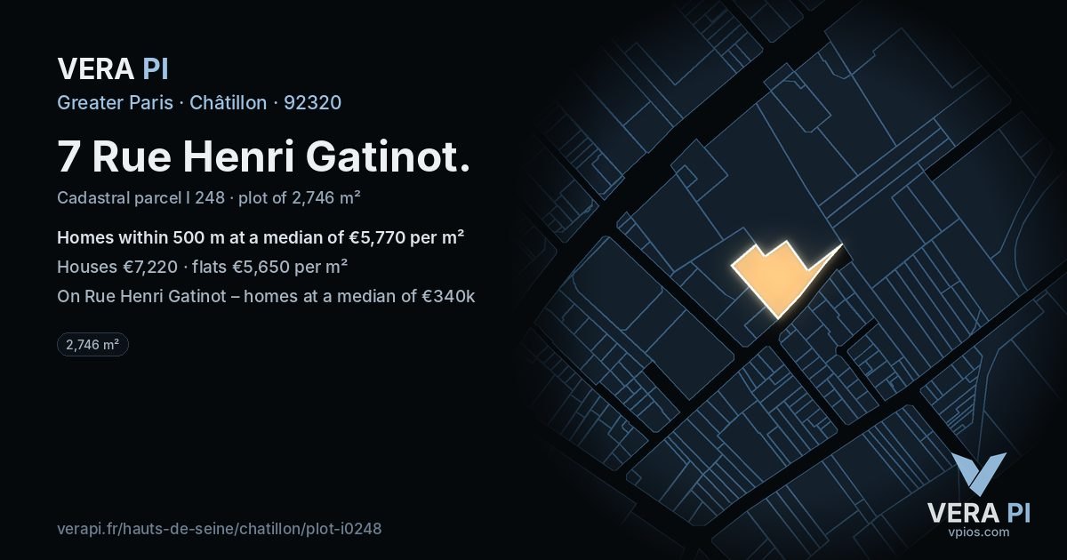 7 Rue Henri Gatinot, Châtillon at night – the plot lit, the parcels around coloured by the prices near them