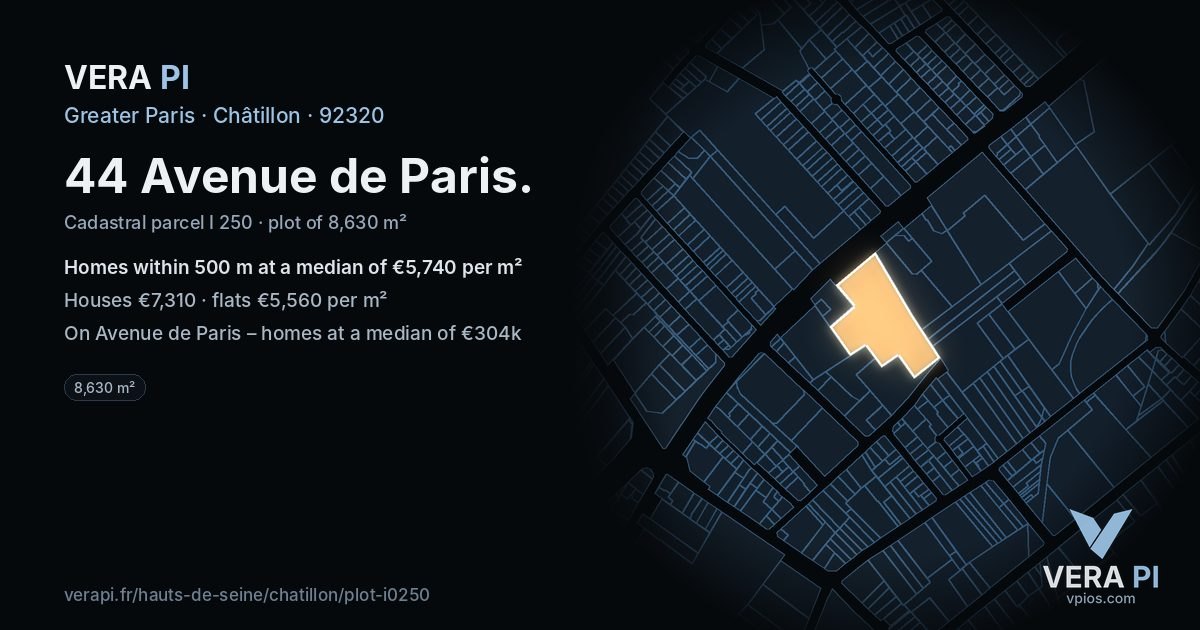 44 Avenue de Paris, Châtillon at night – the plot lit, the parcels around coloured by the prices near them