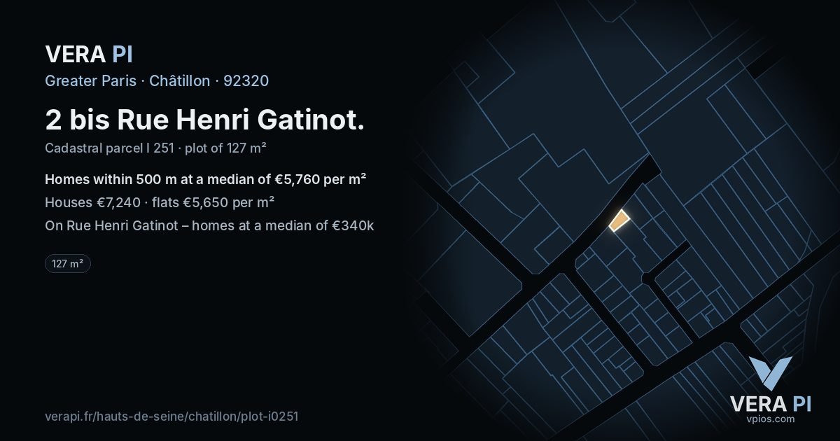 2 bis Rue Henri Gatinot, Châtillon at night – the plot lit, the parcels around coloured by the prices near them