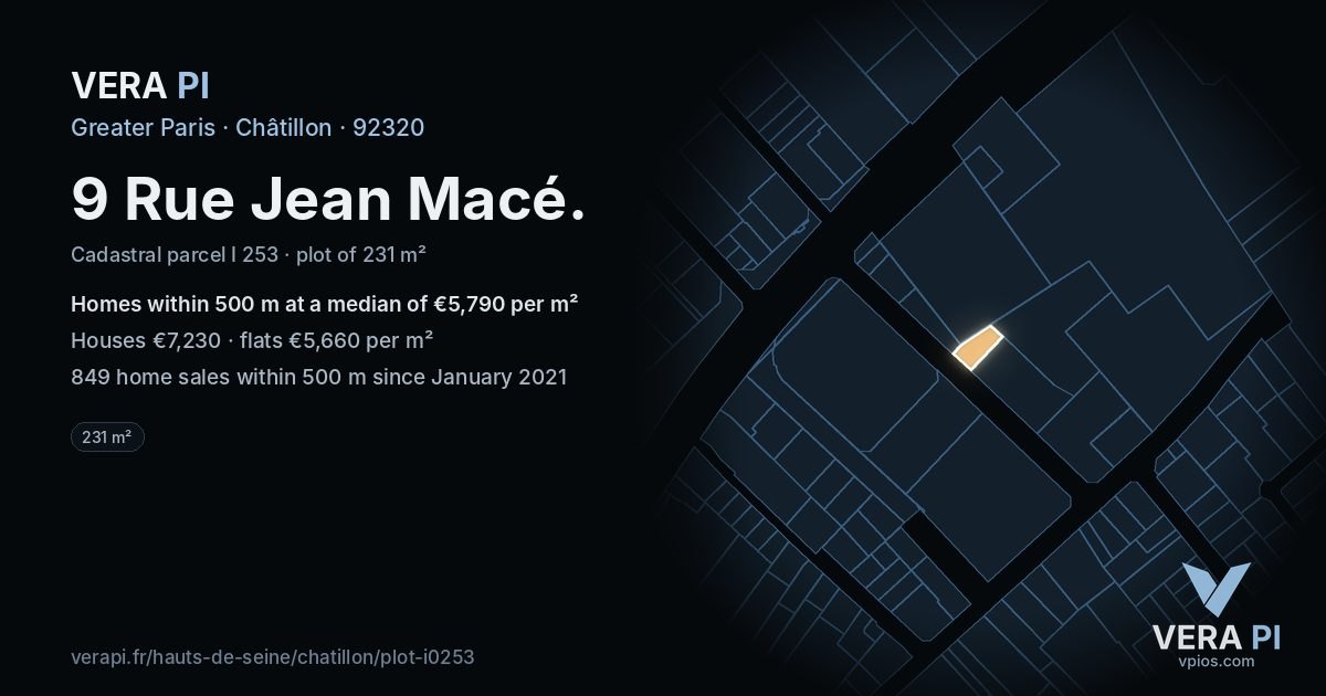 9 Rue Jean Macé, Châtillon at night – the plot lit, the parcels around coloured by the prices near them