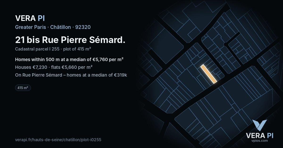 21 bis Rue Pierre Sémard, Châtillon at night – the plot lit, the parcels around coloured by the prices near them