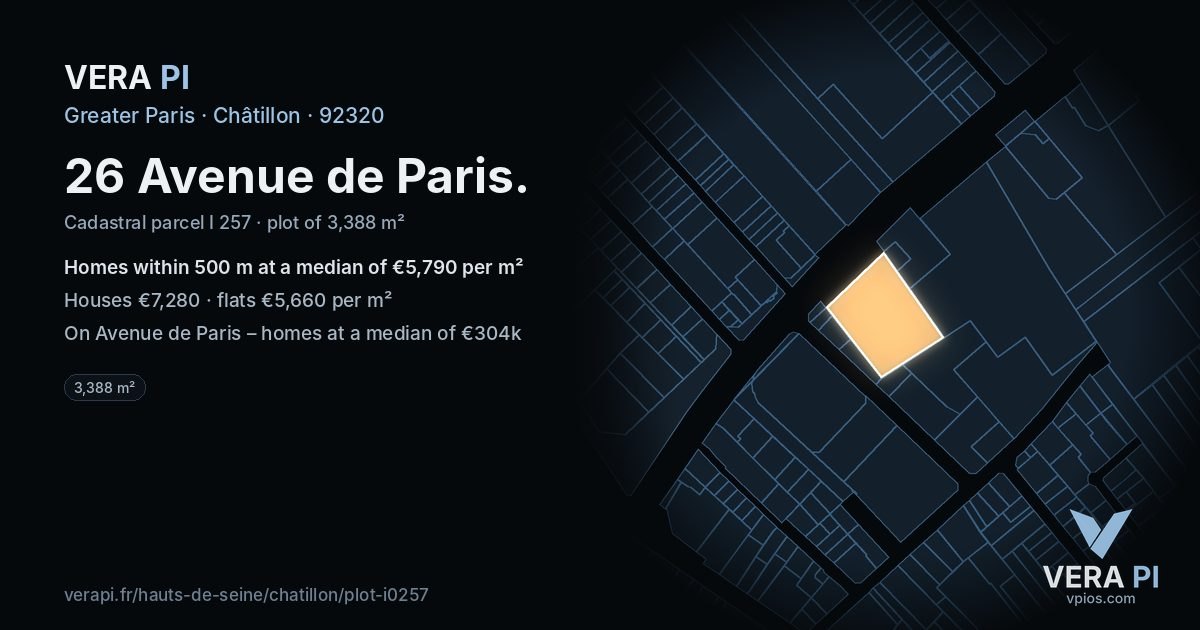 26 Avenue de Paris, Châtillon at night – the plot lit, the parcels around coloured by the prices near them