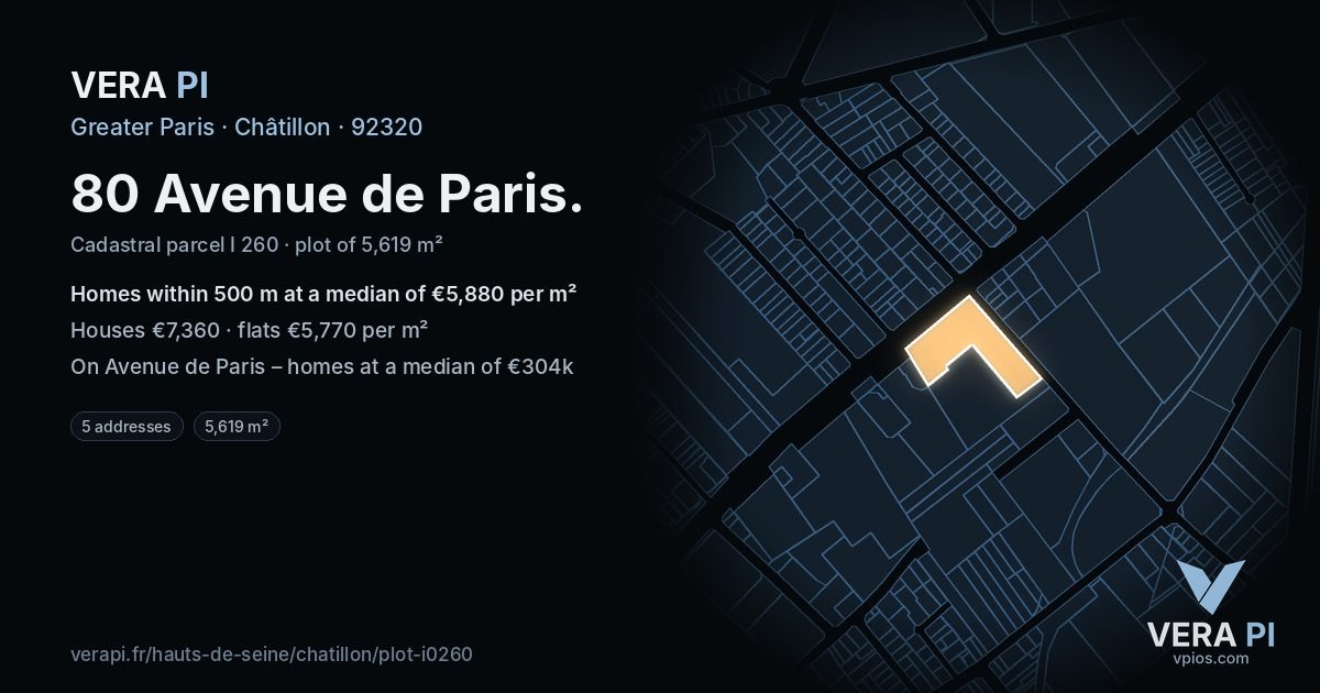 80 Avenue de Paris, Châtillon at night – the plot lit, the parcels around coloured by the prices near them