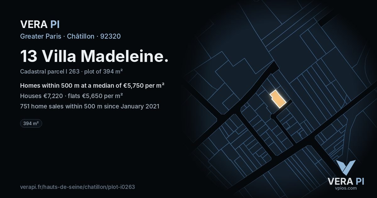13 Villa Madeleine, Châtillon at night – the plot lit, the parcels around coloured by the prices near them