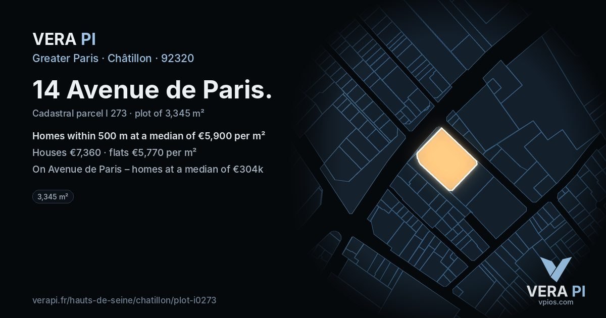 14 Avenue de Paris, Châtillon at night – the plot lit, the parcels around coloured by the prices near them