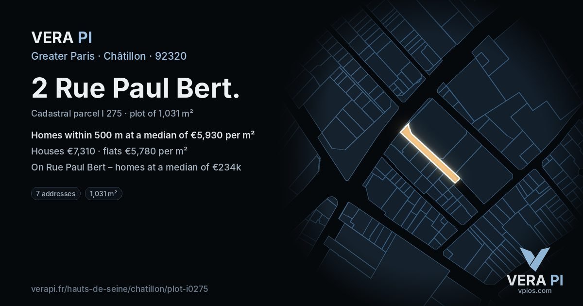 2 Rue Paul Bert, Châtillon at night – the plot lit, the parcels around coloured by the prices near them