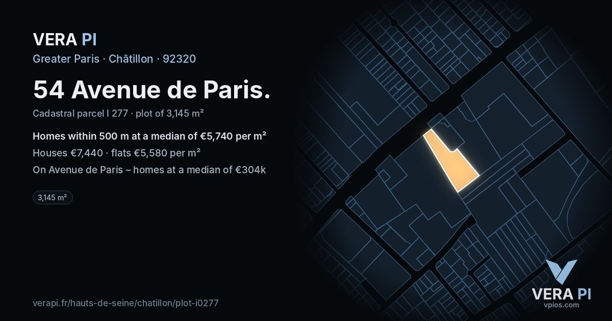 54 Avenue de Paris, Châtillon at night – the plot lit, the parcels around coloured by the prices near them
