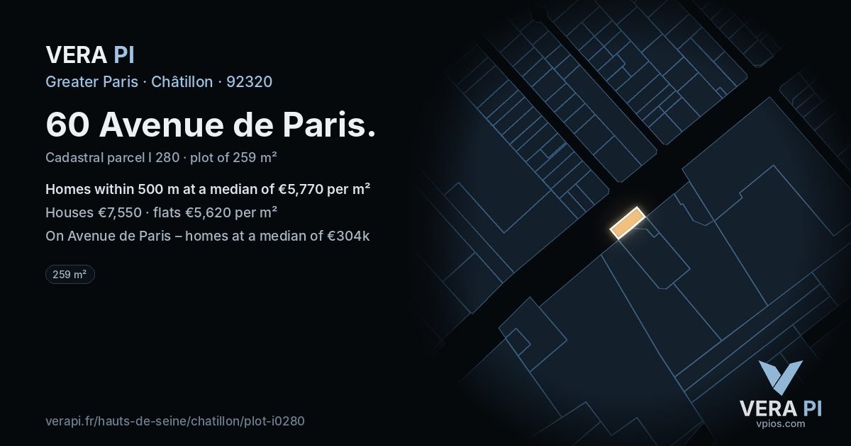 60 Avenue de Paris, Châtillon at night – the plot lit, the parcels around coloured by the prices near them