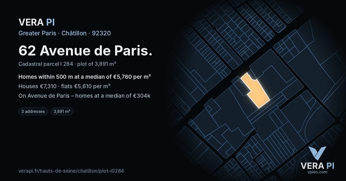 62 Avenue de Paris, Châtillon at night – the plot lit, the parcels around coloured by the prices near them