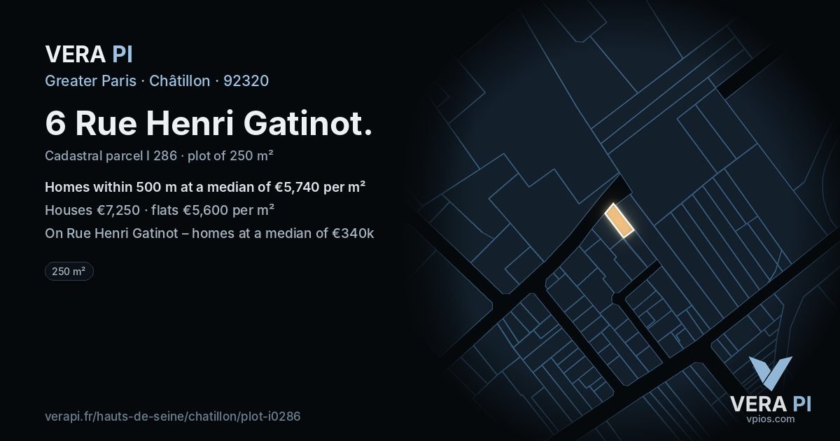 6 Rue Henri Gatinot, Châtillon at night – the plot lit, the parcels around coloured by the prices near them
