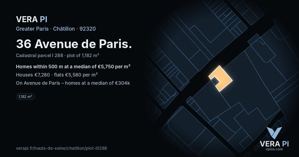 36 Avenue de Paris, Châtillon at night – the plot lit, the parcels around coloured by the prices near them