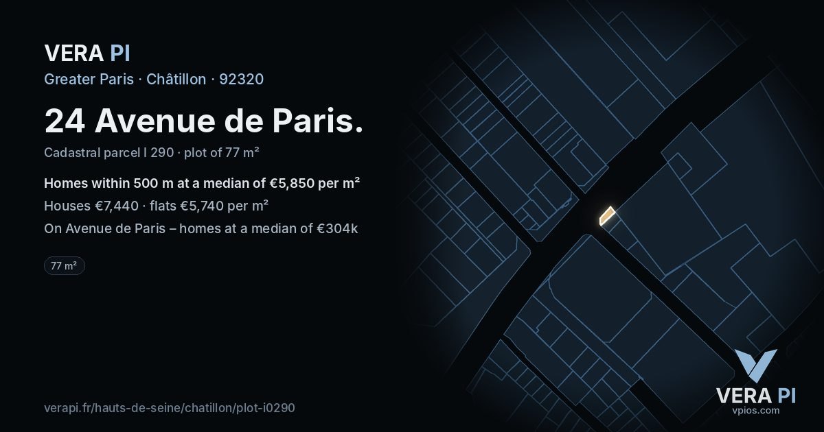 24 Avenue de Paris, Châtillon at night – the plot lit, the parcels around coloured by the prices near them