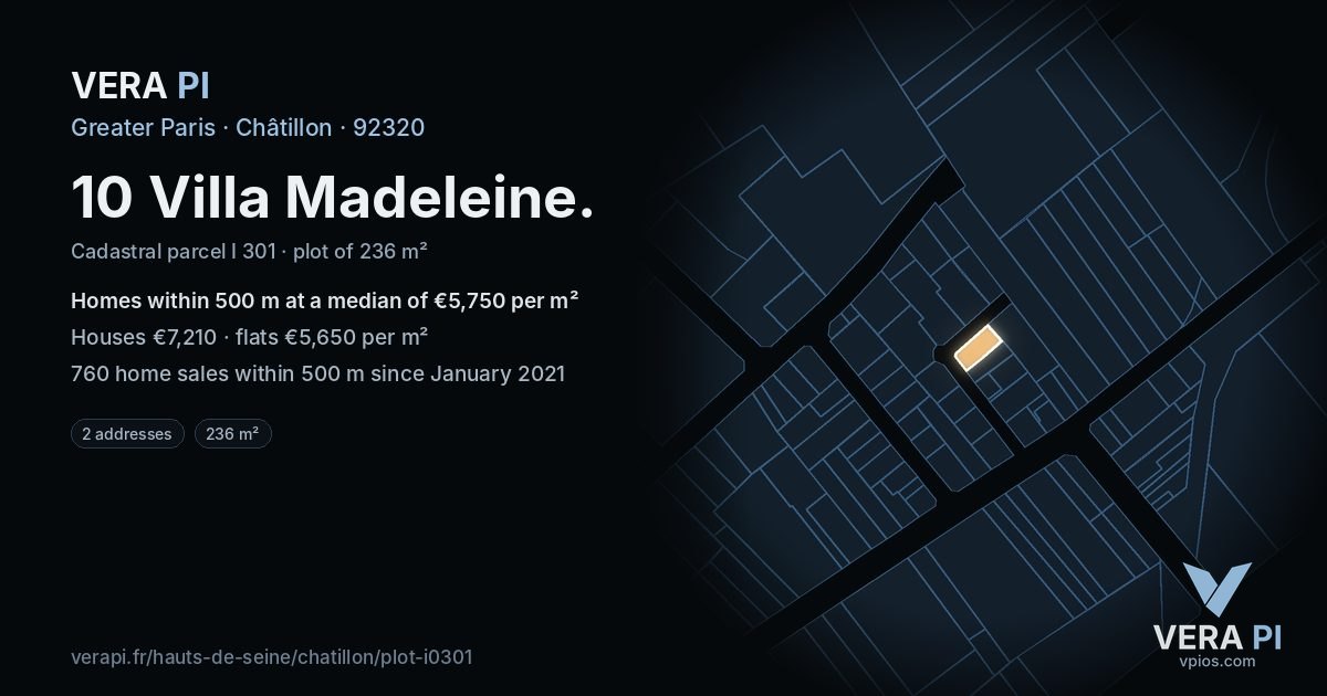 10 Villa Madeleine, Châtillon at night – the plot lit, the parcels around coloured by the prices near them