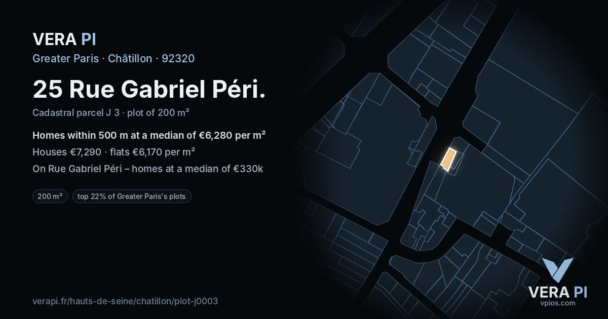 25 Rue Gabriel Péri, Châtillon at night – the plot lit, the parcels around coloured by the prices near them
