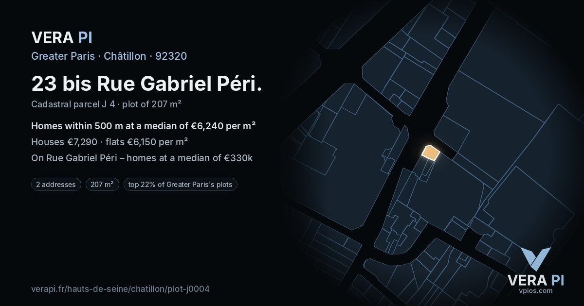 23 bis Rue Gabriel Péri, Châtillon at night – the plot lit, the parcels around coloured by the prices near them