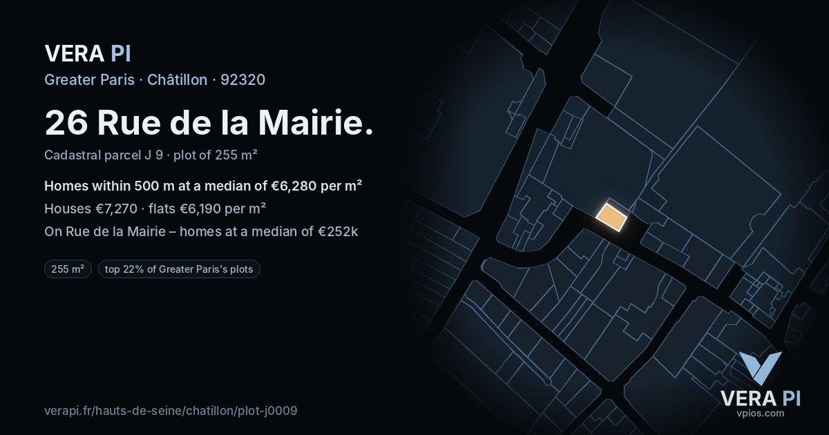 26 Rue de la Mairie, Châtillon at night – the plot lit, the parcels around coloured by the prices near them