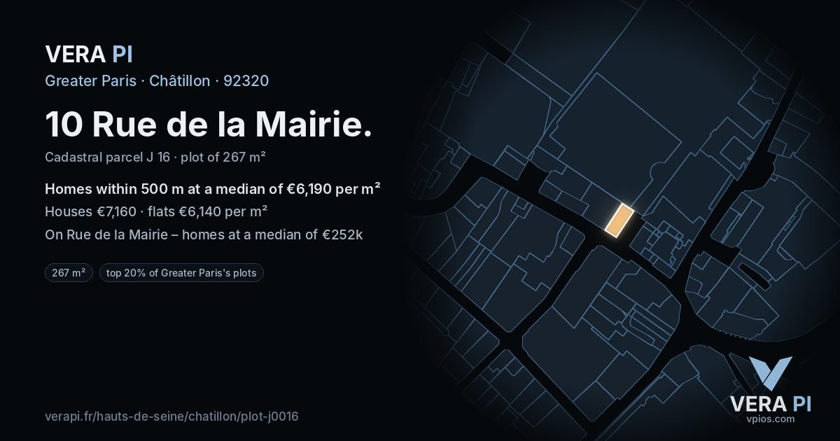 10 Rue de la Mairie, Châtillon at night – the plot lit, the parcels around coloured by the prices near them