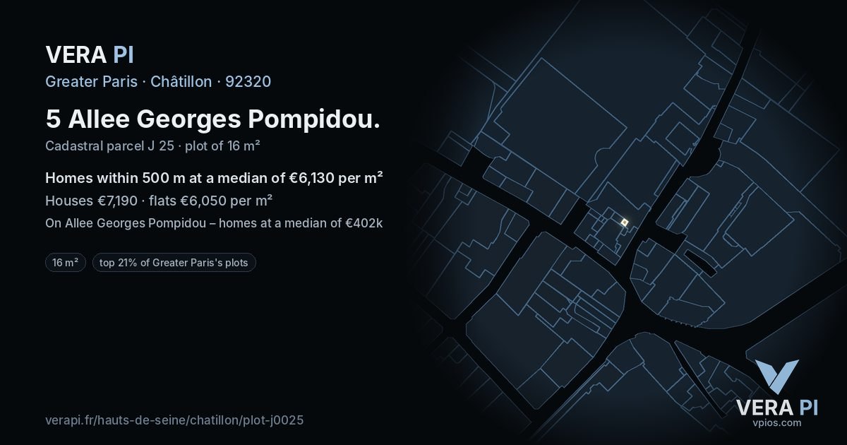 5 Allee Georges Pompidou, Châtillon at night – the plot lit, the parcels around coloured by the prices near them