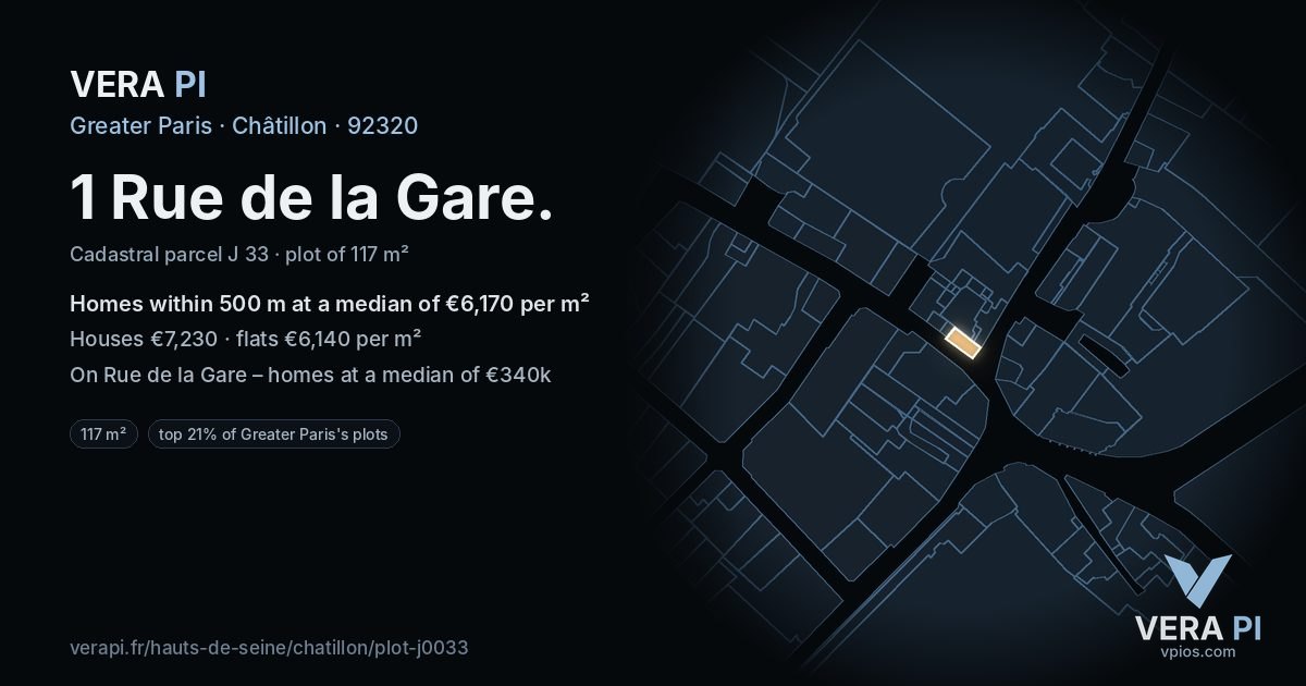 1 Rue de la Gare, Châtillon at night – the plot lit, the parcels around coloured by the prices near them