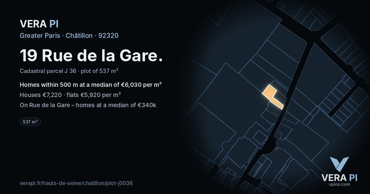 19 Rue de la Gare, Châtillon at night – the plot lit, the parcels around coloured by the prices near them