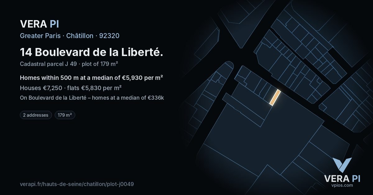 14 Boulevard de la Liberté, Châtillon at night – the plot lit, the parcels around coloured by the prices near them