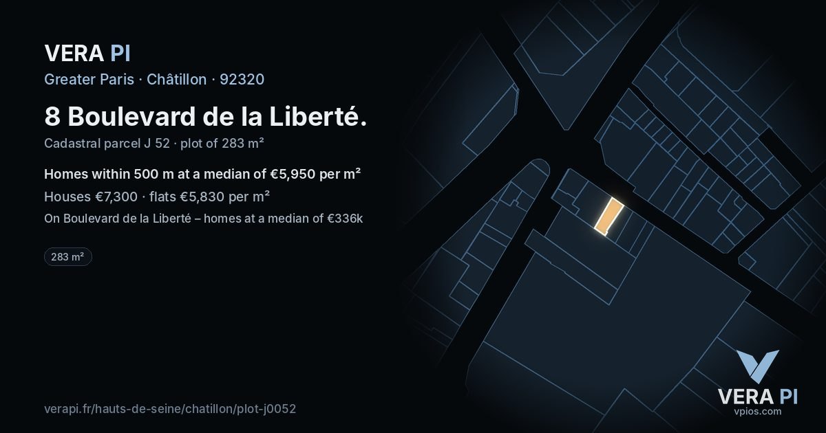 8 Boulevard de la Liberté, Châtillon at night – the plot lit, the parcels around coloured by the prices near them
