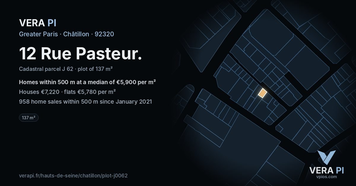 12 Rue Pasteur, Châtillon at night – the plot lit, the parcels around coloured by the prices near them