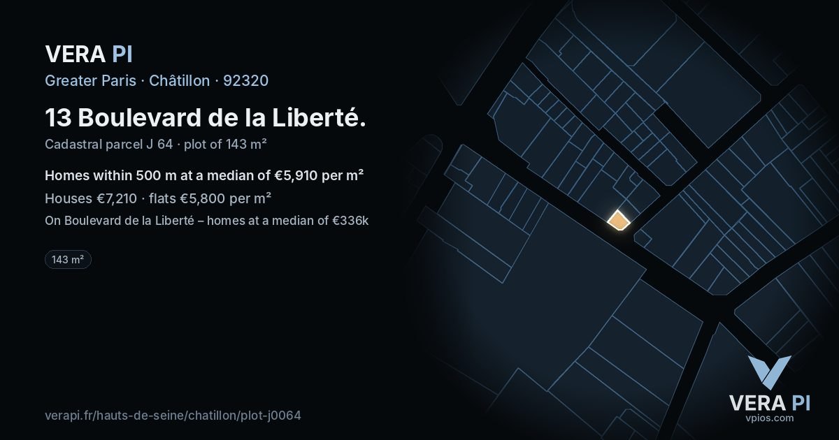 13 Boulevard de la Liberté, Châtillon at night – the plot lit, the parcels around coloured by the prices near them