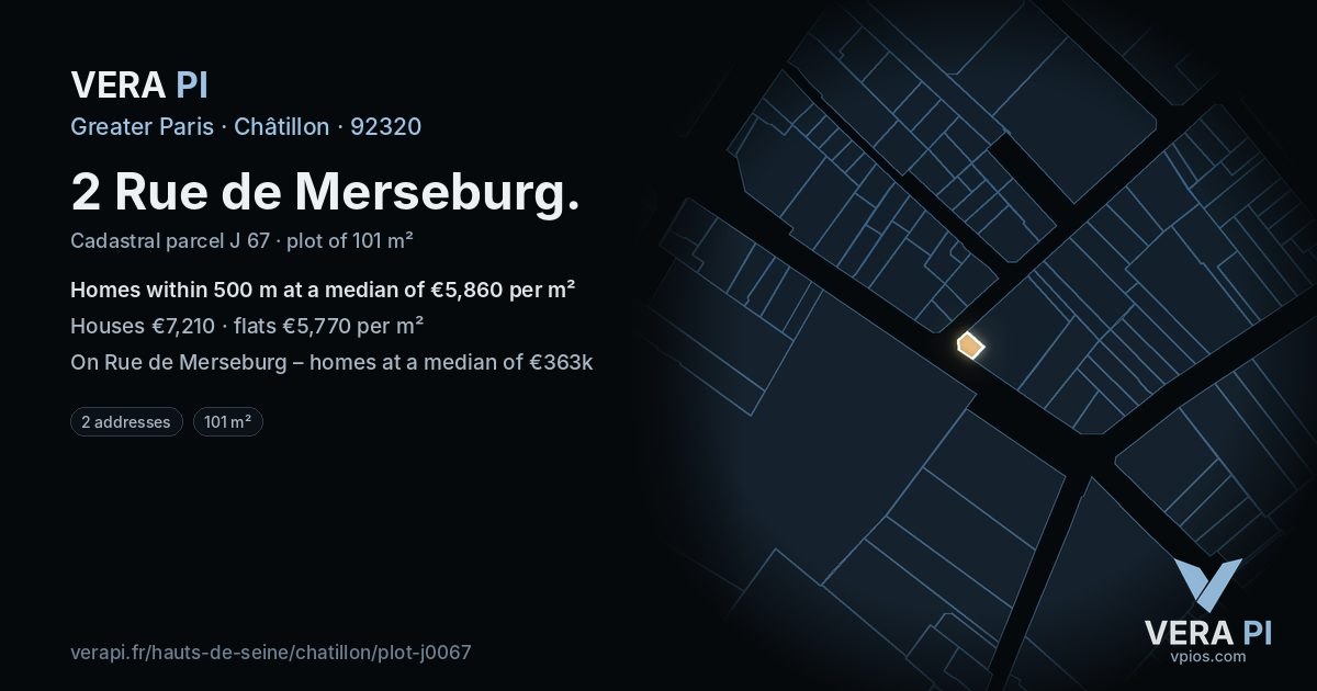 2 Rue de Merseburg, Châtillon at night – the plot lit, the parcels around coloured by the prices near them