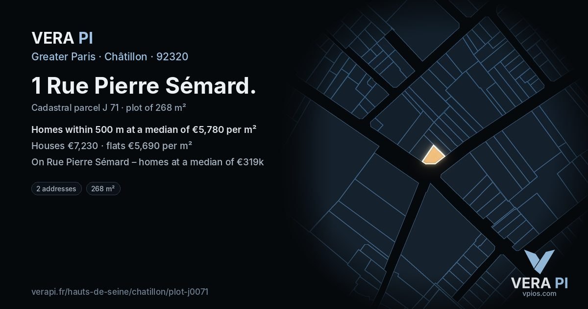 1 Rue Pierre Sémard, Châtillon at night – the plot lit, the parcels around coloured by the prices near them