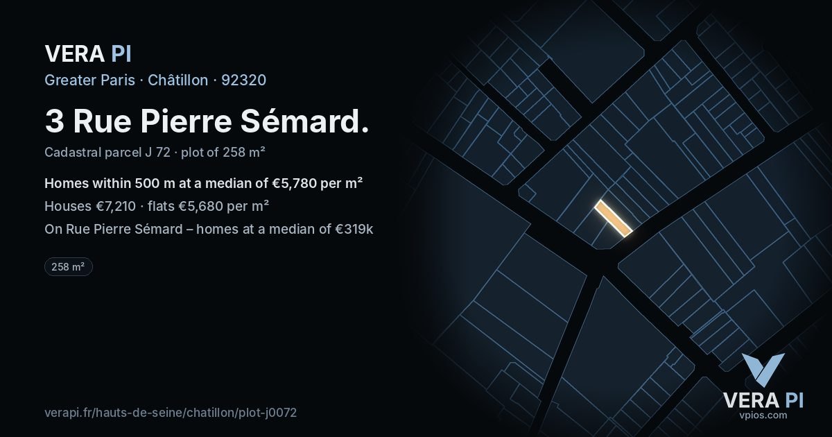 3 Rue Pierre Sémard, Châtillon at night – the plot lit, the parcels around coloured by the prices near them