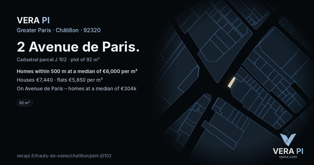 2 Avenue de Paris, Châtillon at night – the plot lit, the parcels around coloured by the prices near them