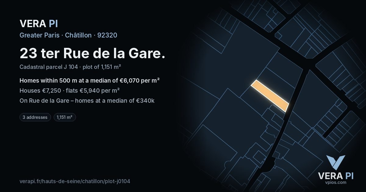 23 ter Rue de la Gare, Châtillon at night – the plot lit, the parcels around coloured by the prices near them
